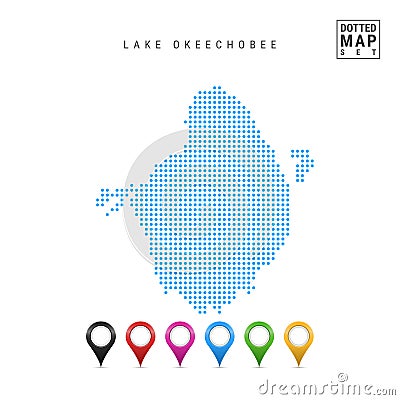 Lake Okeechobee, Florida Dots Pattern Vector Map. Stylized Silhouette of Lake Okeechobee. Multicolored Map Markers Set Vector Illustration