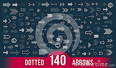 Dotted arrows big vector set of icons or logos, collection of direction cursors made with dots, perforated symbols, different Vector Illustration