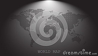 Dotted blank black world map on grey background. World Vector Illustration