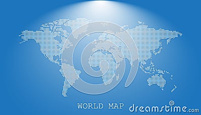 Dotted blank white world map on blue background. Vector Illustration