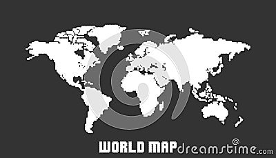 Dotted blank white world map isolated on black background. World Vector Illustration