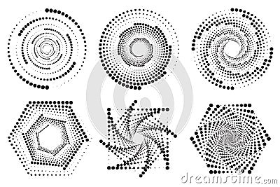 Dotted circles pattern. Abstract half tone graphic set. Circular textured round spiral frames. Vector swirl geometric Vector Illustration