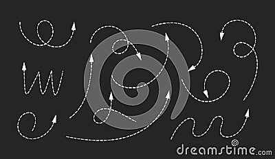Dot lines and arrows. Set of hand drawn thin dash line arrows. Collection of curved pointers on black background. Dot Vector Illustration