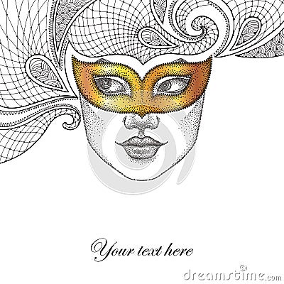 Dotted girl face in gold Venetian carnival mask Colombina and decorative lace in black on white background. Vector Illustration