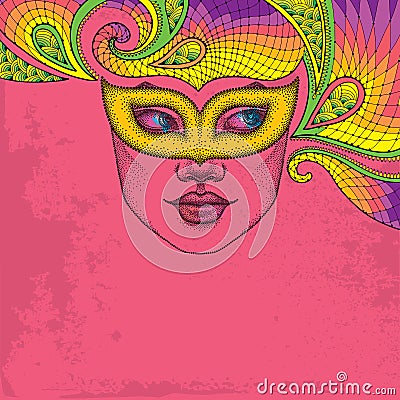 Dotted girl face in orange carnival mask Colombina and decorative colorful lace on the pink background. Vector Illustration