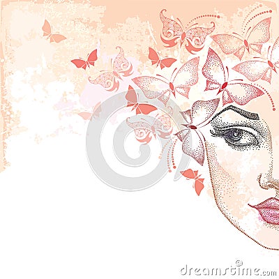 Dotted half beautiful woman face on the pastel blots background with butterflies in pink. Vector Illustration