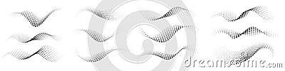 Dotted halftone waves set. Flowing wavy lines patterns. Abstract liquid shapes, wave effect dotted gradient textures Vector Illustration