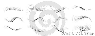 Dotted halftone waves set. Flowing wavy lines patterns. Abstract liquid shapes, wave effect dotted gradient textures Vector Illustration