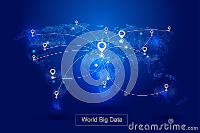 Dotted lines constitute the world map, GPS positioning constitute the world`s big data technology vector background, meaning globa Vector Illustration