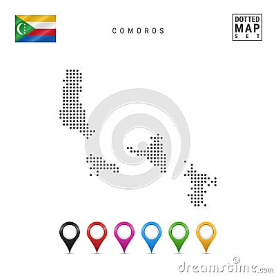 Vector Dotted Map of Comoros. Simple Silhouette of Comoros. National Flag of Comoros. Set of Multicolored Map Markers Vector Illustration