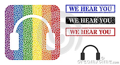 Rubber We Hear You Stamp Seal and Dotted Mosaic Headphones Stencil Icon for LGBT Vector Illustration