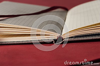 Dotted notebook to make a plan of life, a diary or take notes on a red table with separator in cloth tape in the same color Stock Photo