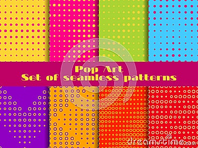 Dotted, Pop Art seamless pattern set. Halftone background with dots. Vector Vector Illustration