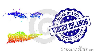 Dotted Rainbow Map of American Virgin Islands and Grunge Stamp Seal Vector Illustration