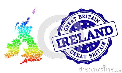 Dotted Rainbow Map of Great Britain and Ireland and Grunge Stamp Seal Vector Illustration