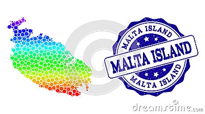 Dotted Rainbow Map of Malta Island and Grunge Stamp Seal Vector Illustration