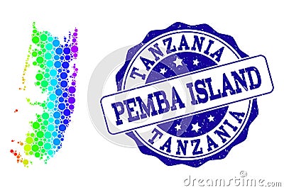 Dotted Rainbow Map of Pemba Island and Grunge Stamp Seal Vector Illustration