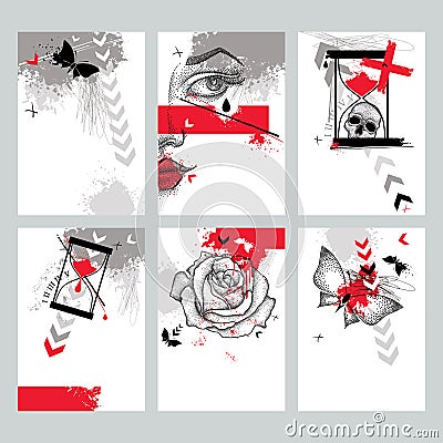 Dotted skull, cross, abstract arrows, rose, butterfly Vector Illustration