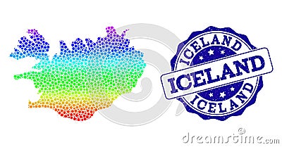 Dotted Spectrum Map of Iceland and Grunge Stamp Seal Vector Illustration