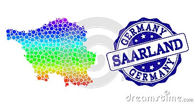 Dotted Spectrum Map of Saarland State and Grunge Stamp Seal Vector Illustration