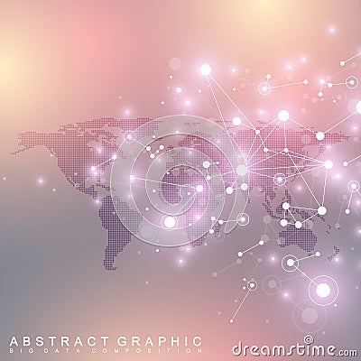 Dotted World Map with global technology networking concept. Digital data visualization. Scientific cybernetic particle Vector Illustration
