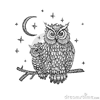Dotwork Night Owls Vector Illustration