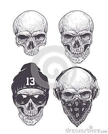 Dotwork Skulls Set Vector Illustration