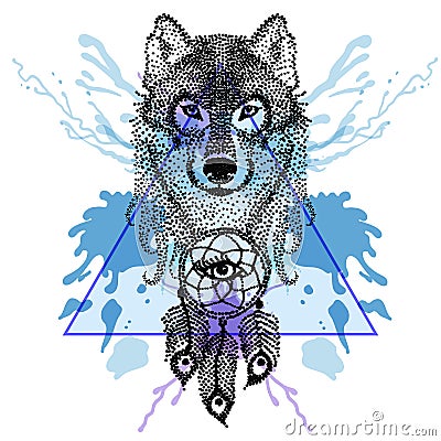 Dotwork tatoo stylized Wolf face with dreamcatcher in triangle Vector Illustration