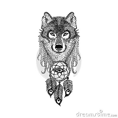 Dotwork tattoo design stylized Wolf face with dream catcher. Han Vector Illustration