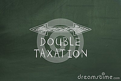 Double arrowed line showing Double taxation concept on chalkboard. Stock Photo