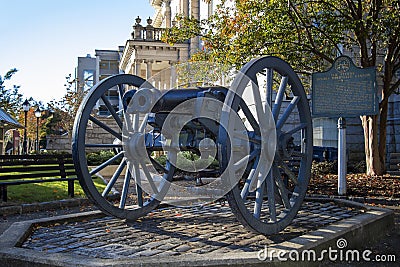 The double-barreled cannon on display in front of City Hall is a unique historical landmark in Athens, Georgia Editorial Stock Photo