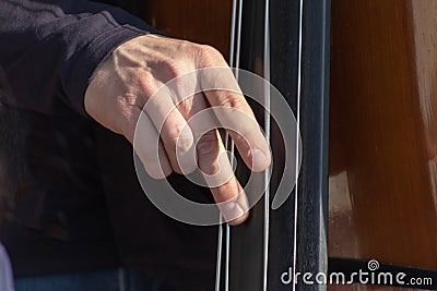 Double bass, hands playing and plunk contrabass strings, musical instrument player close up Stock Photo