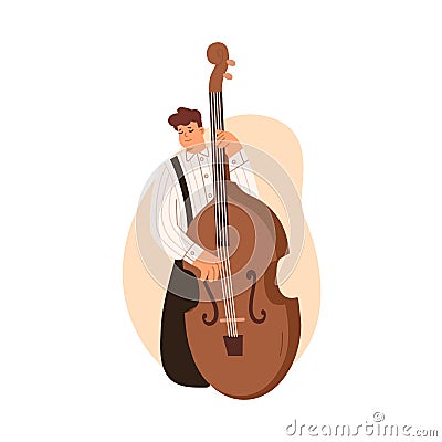 Double bass player standing with big string instrument, playing classical music with fingers. Man musician. Professional Vector Illustration