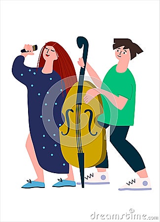 Double bass and vocal duet performance. Vector illustration in flat style Vector Illustration