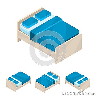 Double bed. Large new isometric blue furniture with bedding and pillows. Wooden frame. Vector Illustration