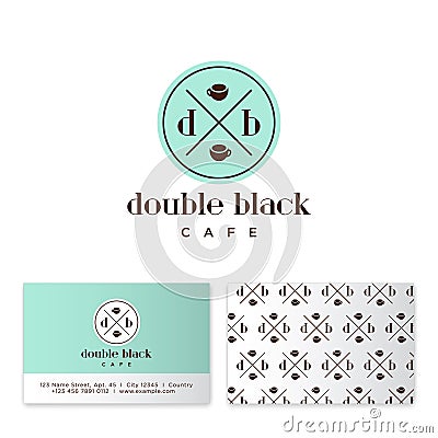 Double black cafe logo. Coffee emblem. D and B letters with two coffee cups on a circle badge. Vector Illustration