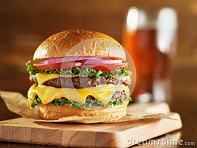 Double cheese burger with beer Stock Photo