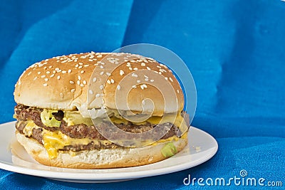 Double cheeseburger on blue linen background Stock Photo