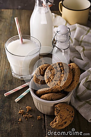 Double chocolate cookies with chips on a bowl and milk in glass Stock Photo