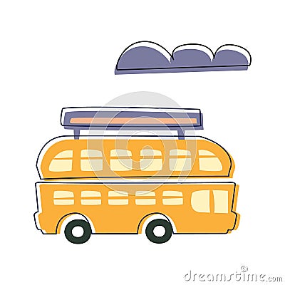 Double Decked Public Transport Yellow Bus, Cute Fairy Tale City Landscape Element Outlined Cartoon Illustration Vector Illustration