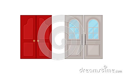 Double Door as Hinged Movable Barrier Used as Entrance in the Building Vector Set Vector Illustration