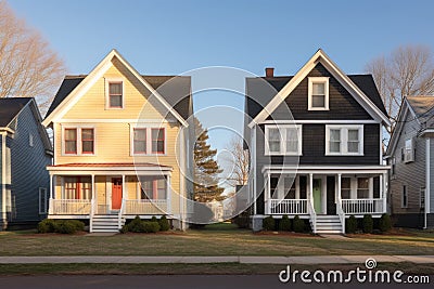 double dutch colonial homes featuring side-by-side front-facing gables Stock Photo