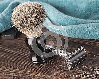 Double edged razor in bathroom setting prepared for a wet shave Stock Photo