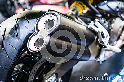 Double exhaust pipes of modern motorcycle Stock Photo