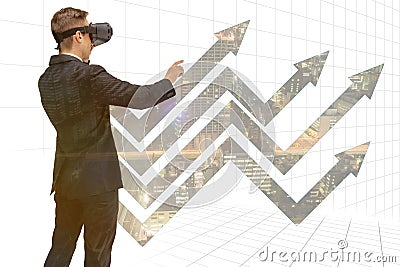 Double explosure business man use augmented mixed virtual reality to show the growth graph Stock Photo