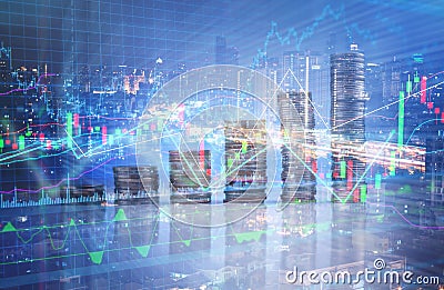 Double explosure with businesss charts and financial district of Stock Photo