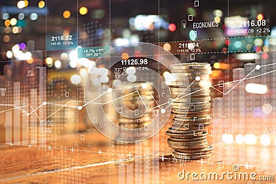 Double explosure with businesss graph chart and rows of coin Stock Photo