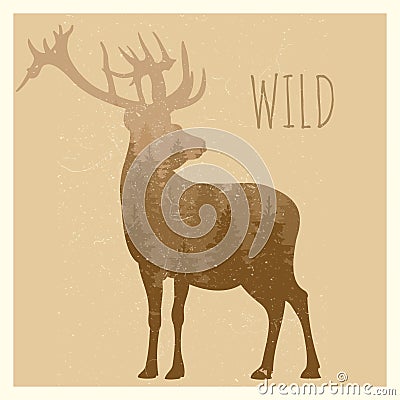 Double exposition deer with forest panorama - wild deer Vector Illustration