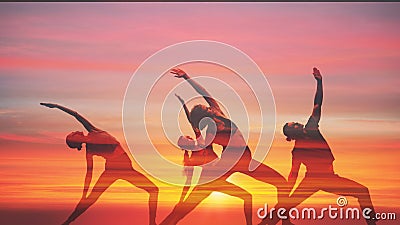 Double exposue background of group of caucasian people having yoga workout outdoors with overlay background of sunset sky Stock Photo