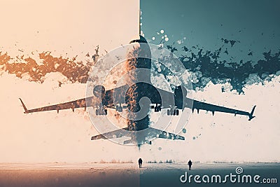 double exposure, aircraft take-off and landing at airport in snow from above, plane flights double exposure Stock Photo